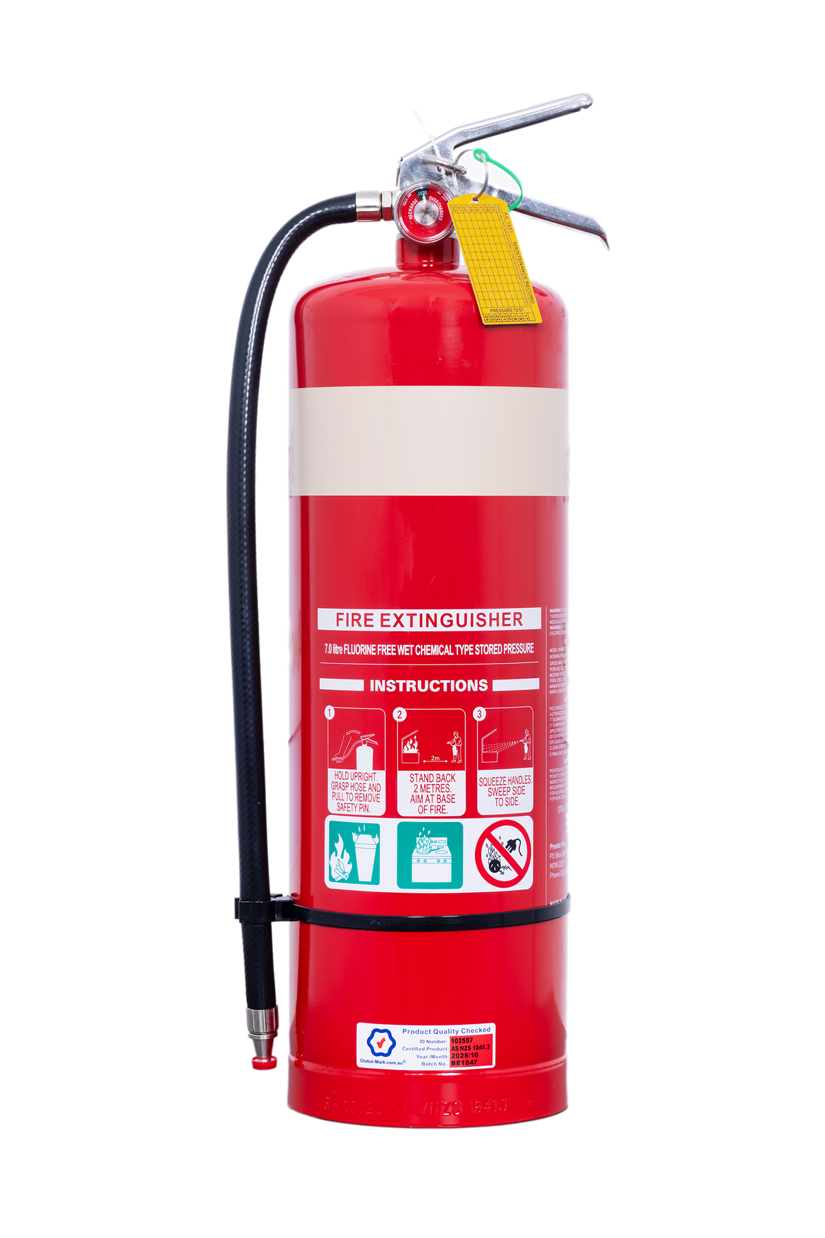 Red fire extinguisher with white label on a white background